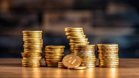 Stacks of coins on the background of the city. Business concept.の素材