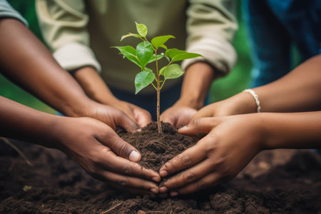 Close up of hands of African American children planting tree in soil.の素材