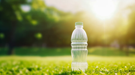 Plastic bottle of water on green grass with sunlight in the park.の素材