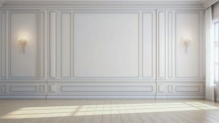 Empty room with white wall and wooden floorの素材