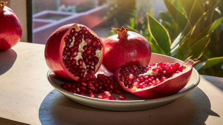 Ripe pomegranate fruit on a plate on the table.の素材