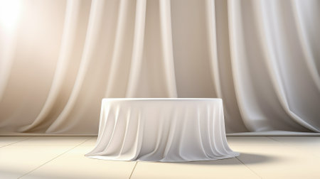 white podium on wooden floor and curtain backgroundの素材