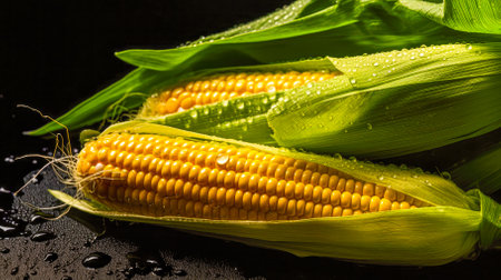 Fresh corn on the cob with drops of water on a black background.の素材