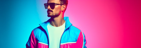banner young man in a tracksuit on a pink background.の素材