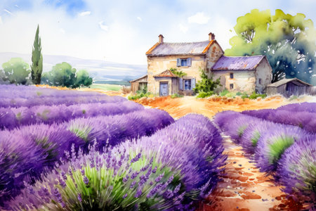 Watercolor painting of lavender field and house.の素材