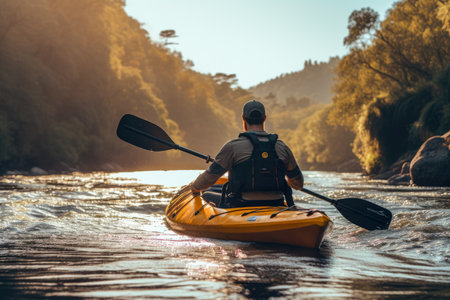 Man kayaking on the mountain river in autumn. Active lifestyleの素材