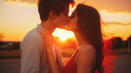 Beautiful young couple kissing on the background of the setting sunの素材