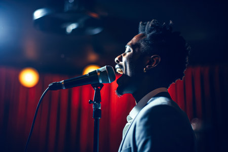 Young african american man singing into a microphone in a nightclub.の素材