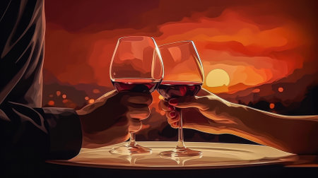 Man and woman hands holding glasses of red wine on the table at sunset.の素材