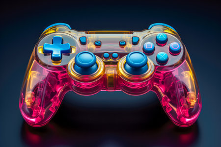 Vintage gamepad isolated on black background. Retro gamepad with colorful buttonsの素材