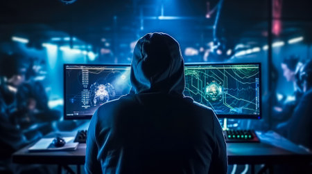 Cyber security concept. Rear view of hacker in hoodie using computer at nightの素材