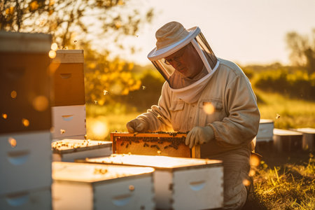 Beekeeper working with bees in apiary. Beekeeper at workの素材