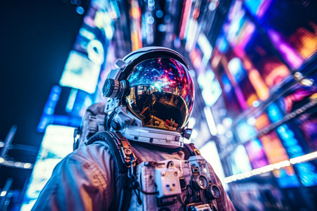 Astronaut in outer space. Man in spacesuit and helmet on background of night cityの素材