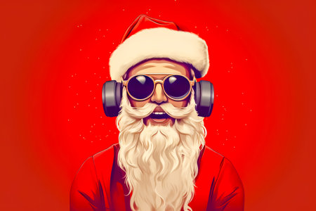 Santa Claus listening to music with headphones on red backgroundの素材