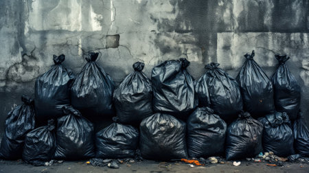Black garbage bags stacked on the ground in front of a concrete wall.の素材