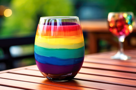Colorful rainbow cocktail in a glass on a wooden table with colorful background.の素材