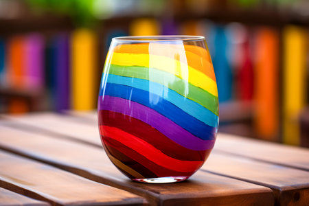 Colorful rainbow cocktail in a glass on a wooden table with colorful background.の素材