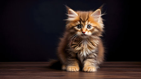 Siberian kitten on a black background. Fluffy petの素材