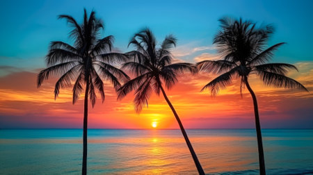 Palm trees on the beach at beautiful sunset. Nature backgroundの素材