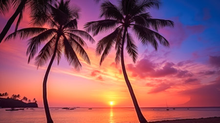 Palm trees on the beach at beautiful sunset. Nature backgroundの素材
