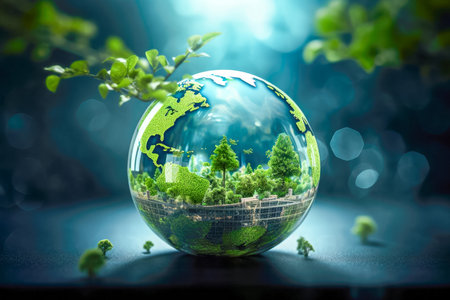 Globe on green grass with sun flareの素材