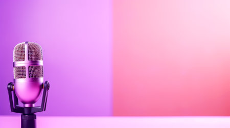Vintage microphone on a pink and purple background with copy space.の素材