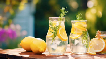 Lemonade with lemon and rosemary on wooden table in garden.の素材