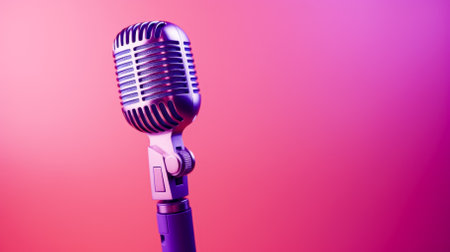 Vintage microphone on a pink and purple background with copy space.の素材