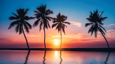 Palm trees on the beach at beautiful sunset. Nature backgroundの素材