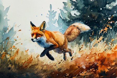 Watercolor portrait of a fox running through the forest.の素材