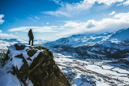 person enjoying a scenic view of a snow-covered valley from a mountaintop.の素材