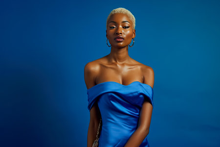 African American woman with short, straight blonde hair and a heart-shaped face.の素材