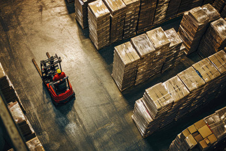 warehouse worker operating a forklift, moving pallets of goods.の素材