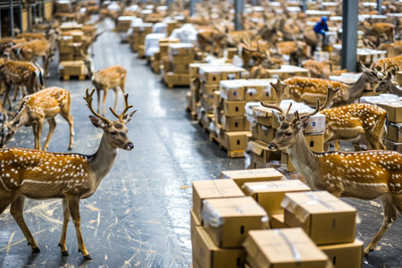 logistics center warehouse filled with boxes and Christmas deer.の素材