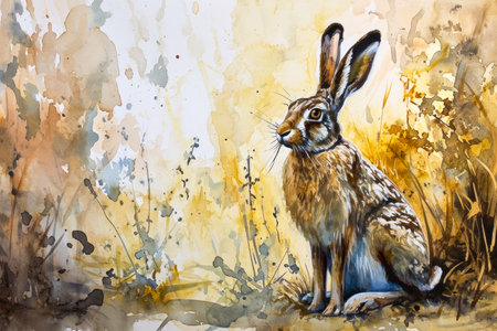 Watercolor portrait of a hare sitting in a clearing.の素材