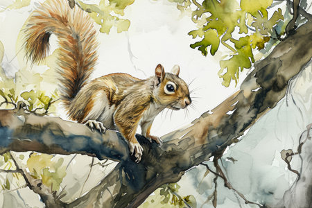 watercolor illustration of a squirrel on a branch.の素材