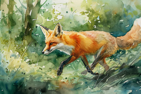 Watercolor portrait of a fox running through the forest.の素材