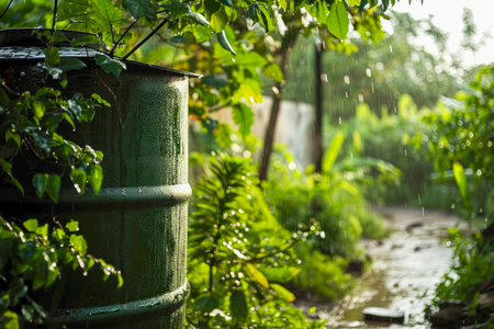 rainwater harvesting system that collects and stores rainwater for domestic use, photography, natural light.の素材