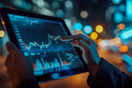 Businessman trader investor broker holding tablet computer analyzing charts bank account market rate global indexes online forecast on stock exchange digital finances trade platform.の素材