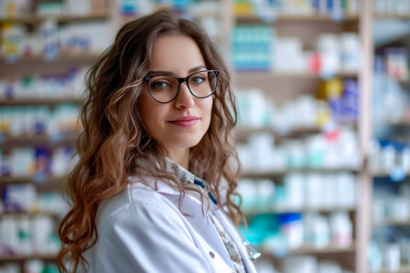 female pharmacist against the background of blurred shelves with medicines.の素材
