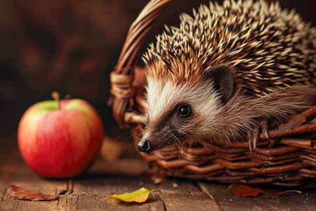 hedgehog and an apple in a basket.の素材
