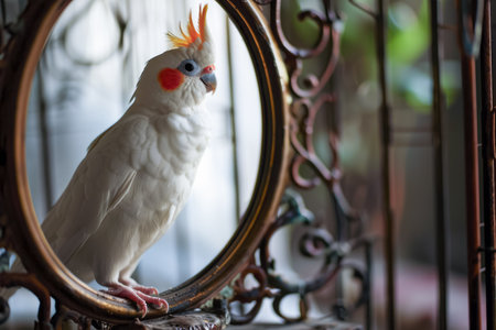 cockatiel and a mirror in a cage.の素材