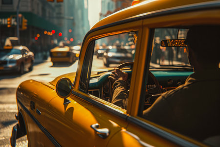 taxi driver driving a yellow cab.の素材