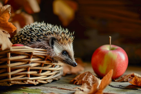 hedgehog and an apple in a basket.の素材
