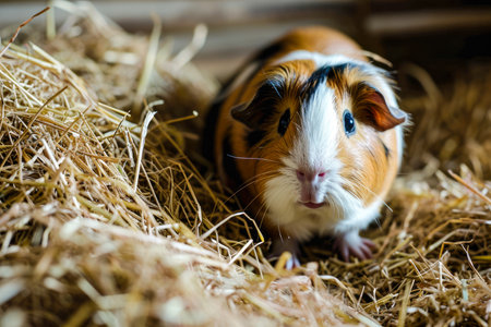guinea pig and a hay in a pen.の素材