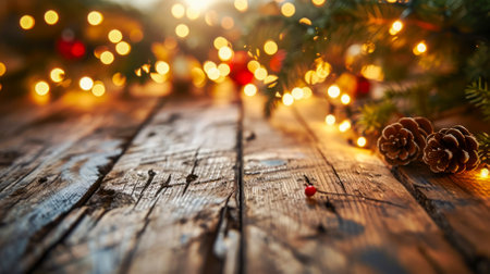 Empty wooden table with christmas theme in background.の素材