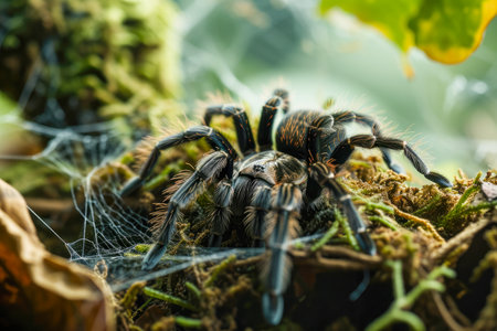 tarantula and a web in a terrarium.の素材