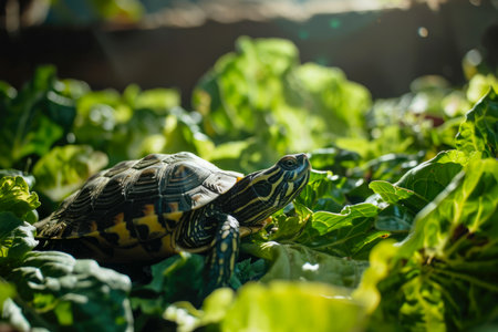 turtle and a lettuce in a terrarium.の素材