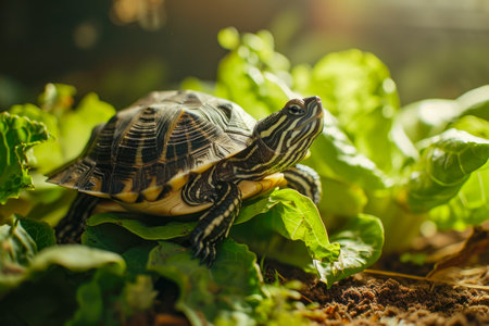 turtle and a lettuce in a terrarium.の素材