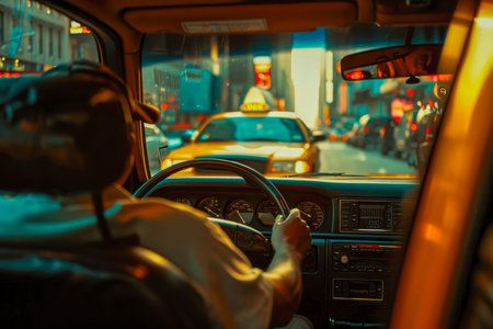 taxi driver driving a yellow cab.の素材